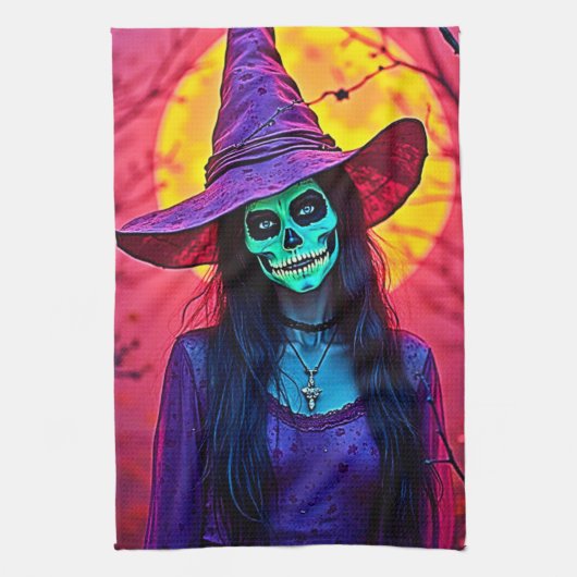 Linge De Cuisine Sorcière d'Halloween avec conception de visage crâ (Vertical)