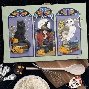 Linge De Cuisine Sorcière gothique chat noir hibou Halloween Art no