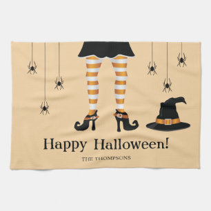 Linge De Cuisine Sorcière orange jambes avec un chapeau et araignée