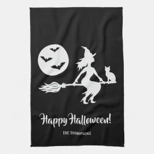 Linge De Cuisine Sorcière Sur Un Broom Noir Et Blanc Joyeux Hallowe