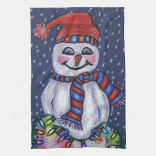Linge De Cuisine Souriant Snowman Casquette Écarf Neige Lumières de