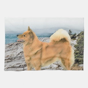 Linge De Cuisine Spitz finlandais à Seashore Peinture - Chien Art