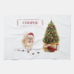 Linge De Cuisine Spitz Nain Noël Drôle Chien avec Arbre