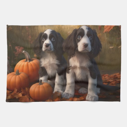 Linge De Cuisine Springer Spaniel Chiot Automne Citrouille de plais (Horizontal)