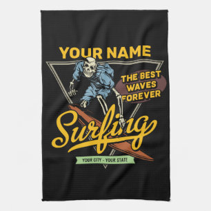 Linge De Cuisine Squelette de surf personnalisé chevauche les vague