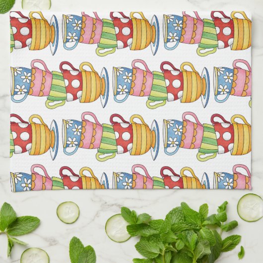 Linge De Cuisine Stacked Teacups Teatime Illustration (Plié)