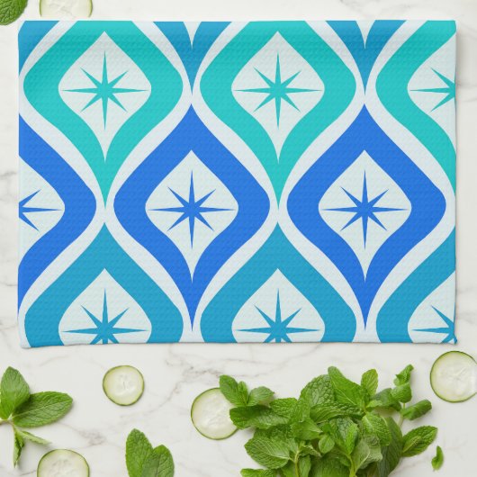 Linge De Cuisine Starburts du milieu du siècle sur Turqouise Blue O (Plié)