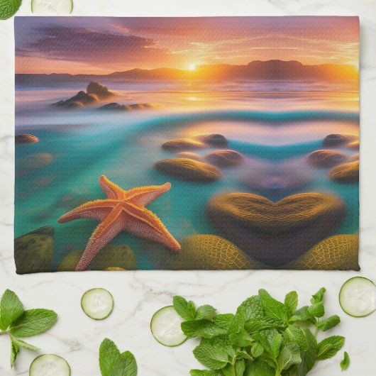 Linge De Cuisine Starfish sur la plage à Dawn (Plié)