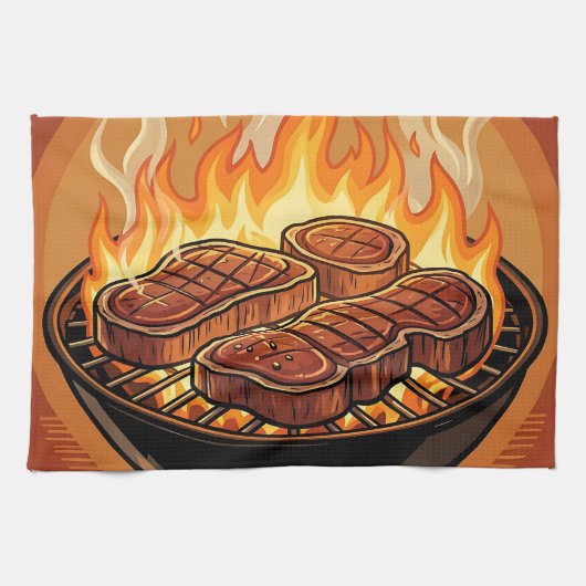 Linge De Cuisine Steaks grillés flammes BBQ (Horizontal)