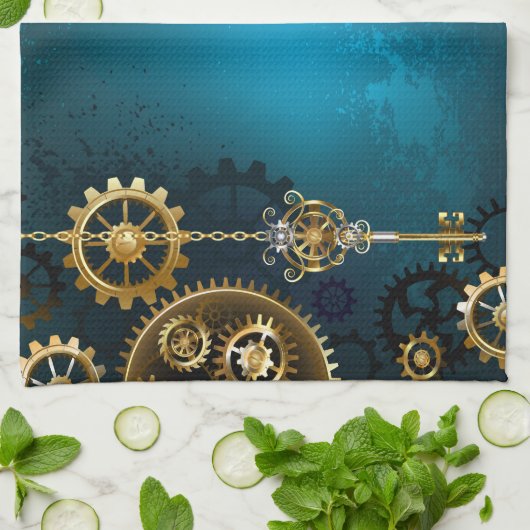 Linge De Cuisine Steampunk Arrière - plan turquoise avec Gears (Plié)