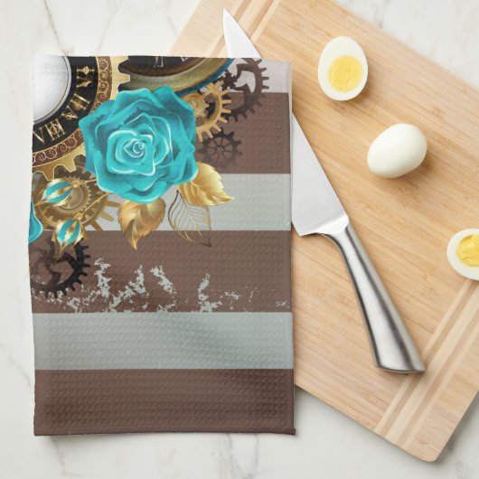 Linge De Cuisine Steampunk Clock and Turquoise Roses on Striped (Quart Plié)
