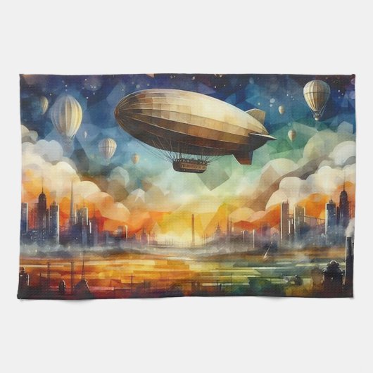Linge De Cuisine Steampunk Skyline avec Zeppelin Kitchen Towen (Horizontal)