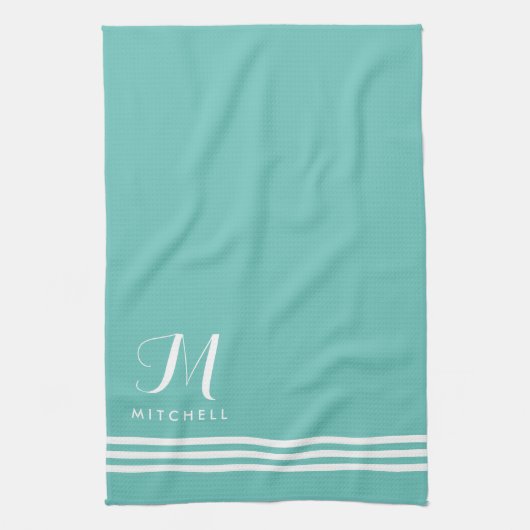 Linge De Cuisine Stripes et Monogrammes turquoises et blancs (Vertical)