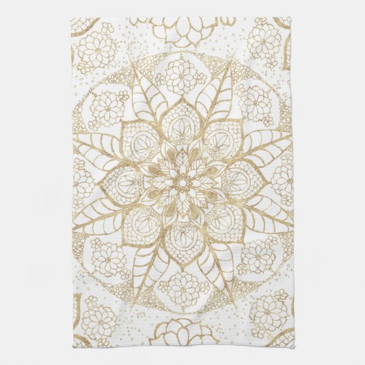 Linge De Cuisine Style Boho Blanc Or Mandala Floral (Vertical)