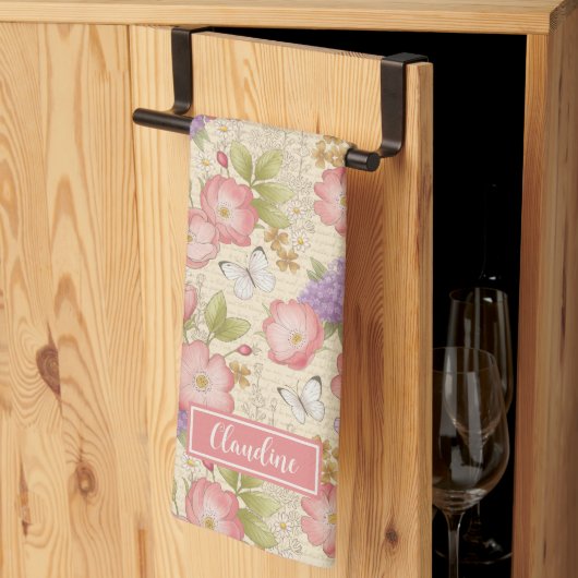 Linge De Cuisine Style botanique rose (Pliage en tiers)