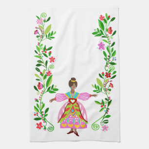 Linge De Cuisine Style d'art folklorique moderne Fille de fleurs af