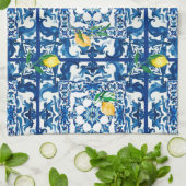 Linge De Cuisine style italien, méditerranéen, mosaïque, bleu, (Plié)