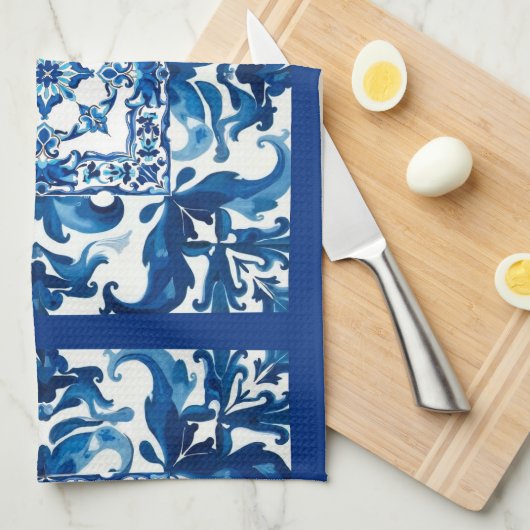 Linge De Cuisine style italien, méditerranéen, mosaïque, bleu, (Quart Plié)