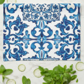 Linge De Cuisine style italien, méditerranéen, mosaïque, bleu, (Plié)