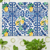 Linge De Cuisine style italien, mosaïque, bleu, citron, (Plié)