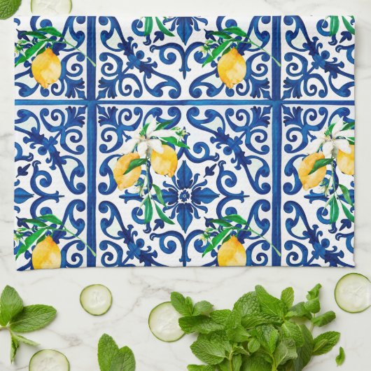 Linge De Cuisine style italien, mosaïque, bleu, citron, (Plié)