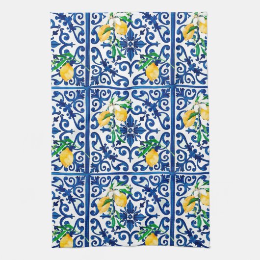 Linge De Cuisine style italien, mosaïque, bleu, citron, (Vertical)