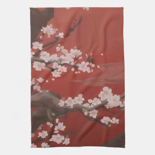 Linge De Cuisine Style japonais Arte cerise blanche Fleur rouge (Vertical)