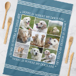 Linge De Cuisine Style personnalisé Photo Collage Chiens Bleu<br><div class="desc">Créez une serviette de cuisine personnalisée et pratique présentant neuf photos chères, encadrées par le message chaleureux : "La maison est là où se trouvent mes chiens." Ce modèle élégant dispose d'un collage photo arrangé dans un format grille, et de lettres de style traditionnel. Le texte peut être customisé pour...</div>