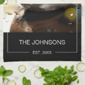 Linge De Cuisine Stylis noir blanc Photo et nom de famille Monogram (Plié)