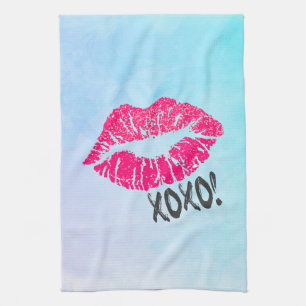 Linge De Cuisine Stylish Rose Kissy Lips avec xoxo! Aquarelle bleue