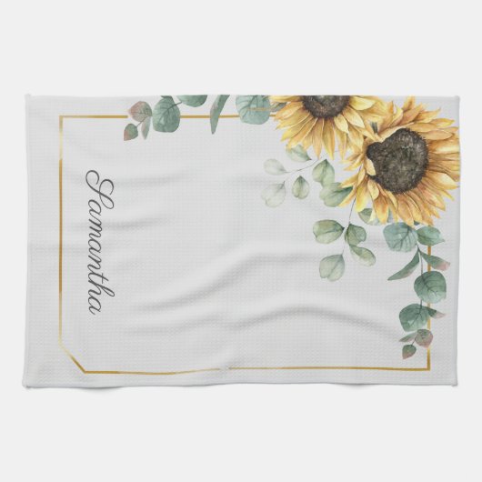 Linge De Cuisine Sunflower Eucalyptus Feuille Script Monogramme (Horizontal)