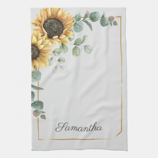 Linge De Cuisine Sunflower Eucalyptus Feuille Script Monogramme (Vertical)