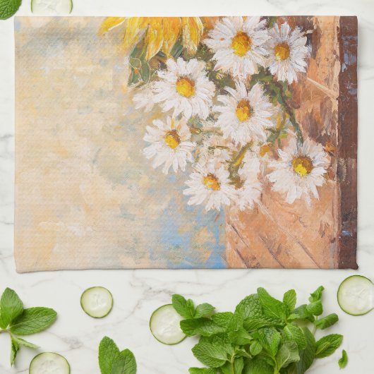 Linge De Cuisine Sunflowers and Daisies on Rustic Table (Plié)