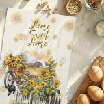 Linge De Cuisine Sunflowers Homestead Farmhouse Scene<br><div class="desc">Paysage, serviettes de cuisine avec tournesol et texte "home sweet home". Une scène joyeuse se compose d'une palissade, de bicyclettes et de chats noirs avec une grange au loin. Les tournesols jaunes sont partout - poussant derrière la clôture, fourrés dans le panier à vélo, et faire un motif sur tout...</div>