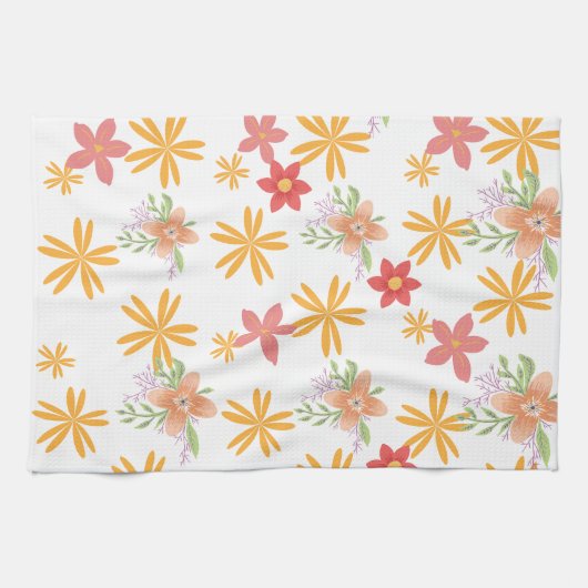 Linge De Cuisine Sunny Yellow & Pink Daisy Floral Pattern  (Horizontal)