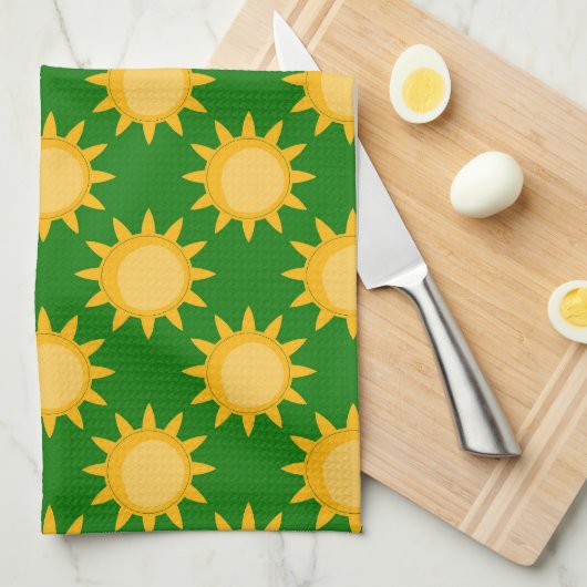 Linge De Cuisine Sunshine Sun Pattern Design On Green  (Quart Plié)
