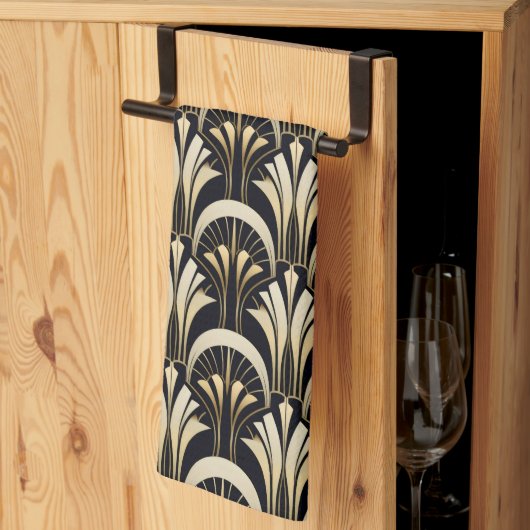 Linge De Cuisine Symmétrique Art Déco Noir et Or (Pliage en tiers)