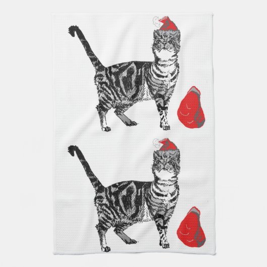 Linge De Cuisine Tabby Chat Noël Cool Chat Rouge Blanc (Vertical)