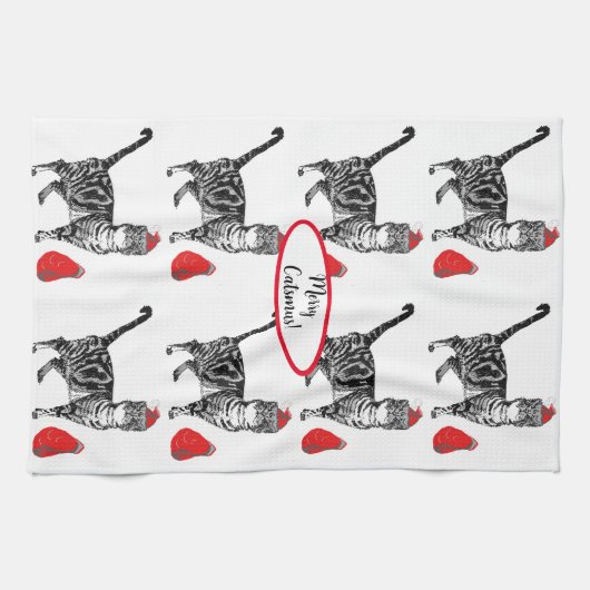 Linge De Cuisine Tabby Chat Noël Cool Chat Rouge Blanc Tea Serviett (Horizontal)