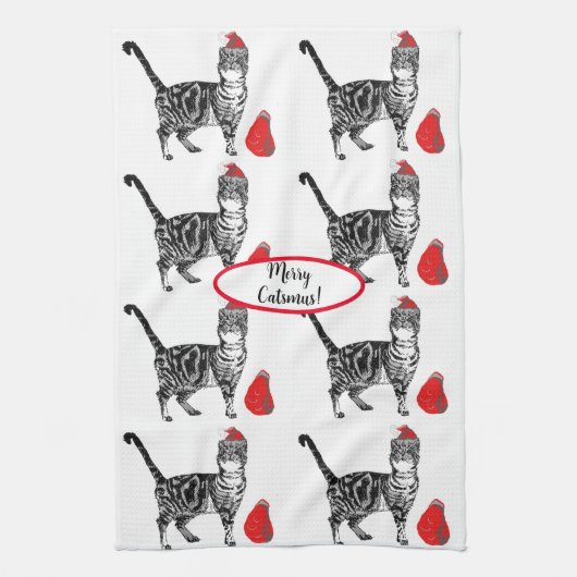 Linge De Cuisine Tabby Chat Noël Cool Chat Rouge Blanc Tea Serviett (Vertical)
