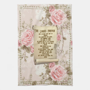 Linge De Cuisine Tablier de cuisine avec le Notre Père Roses roses