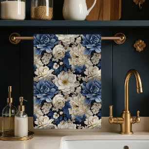 Linge De Cuisine Tablier de cuisine décor floral ivoire blanc bleu