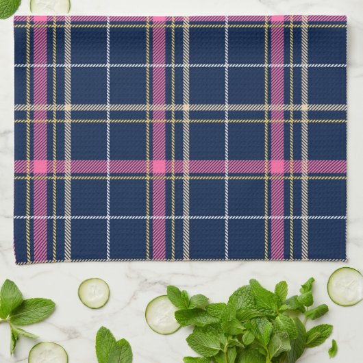 Linge De Cuisine Tartan bleu marine Plaid avec beige blanc rose (Plié)