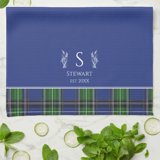 Linge De Cuisine Tartan bleu Plaid Nom Customisé Monogramme (Plié)