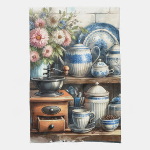 Linge De Cuisine Tasse à café vintage pot assiette bleu