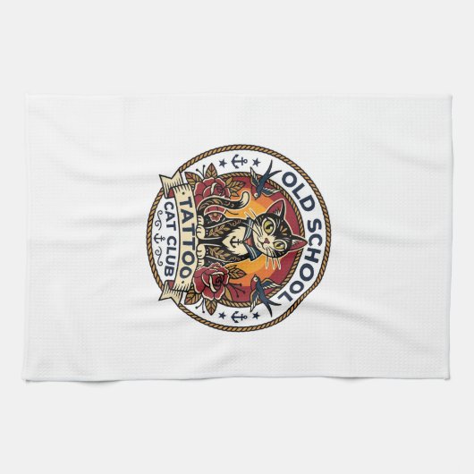 Linge De Cuisine Tatouage École Ancienne Chat Mignon Kitty Design - (Horizontal)