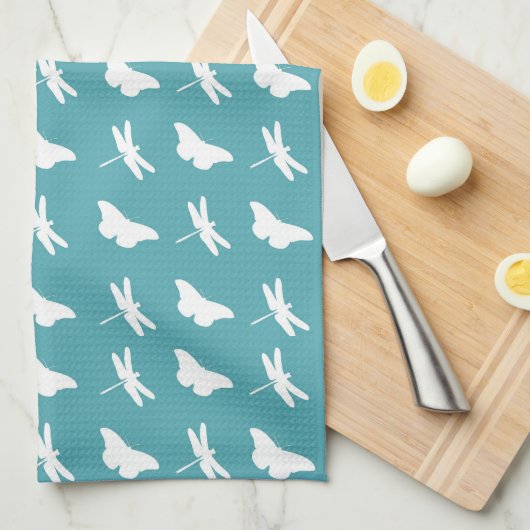 Linge De Cuisine Teal and White Butterfly and Dragonfly Pattern (Quart Plié)