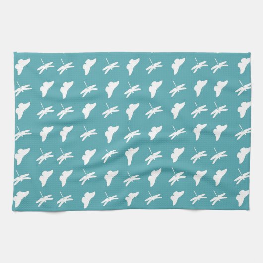 Linge De Cuisine Teal and White Butterfly and Dragonfly Pattern (Horizontal)
