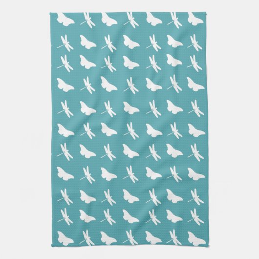 Linge De Cuisine Teal and White Butterfly and Dragonfly Pattern (Vertical)