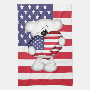 Linge De Cuisine Teddy Bear et Big USA Flag Heart